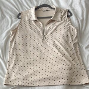ViVI Sleeveless Zip Polo Tank - Cream with Black Dot Print